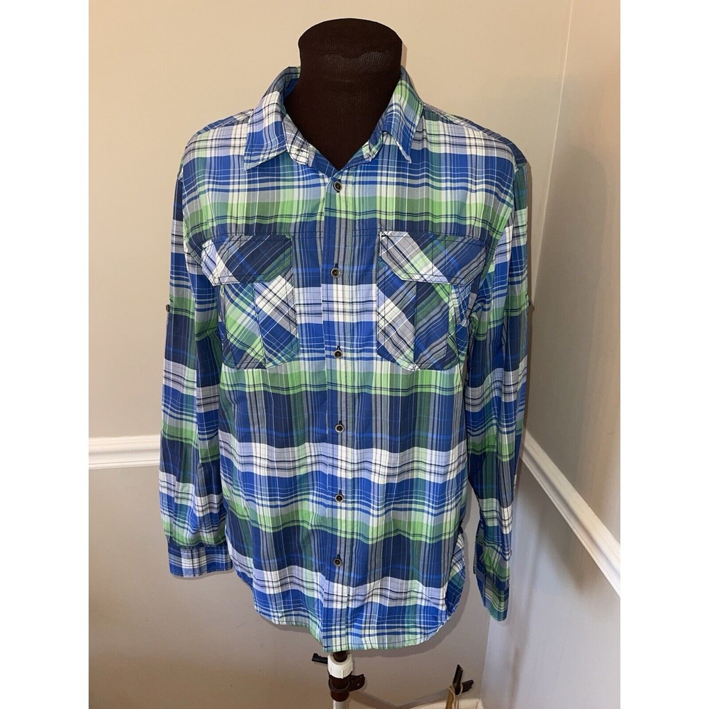 Prana Shirt Mens Medium Blue Green Citadel Button Up Long Sleeve Casual Pockets